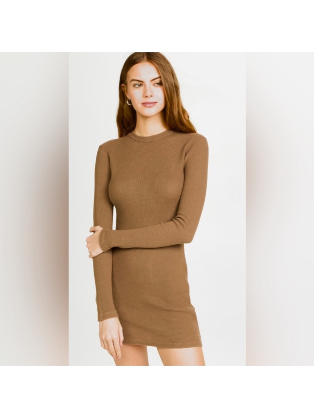NWT Monrow Camel Ribbed Long-Sleeve Bodycon Dress. Size XS